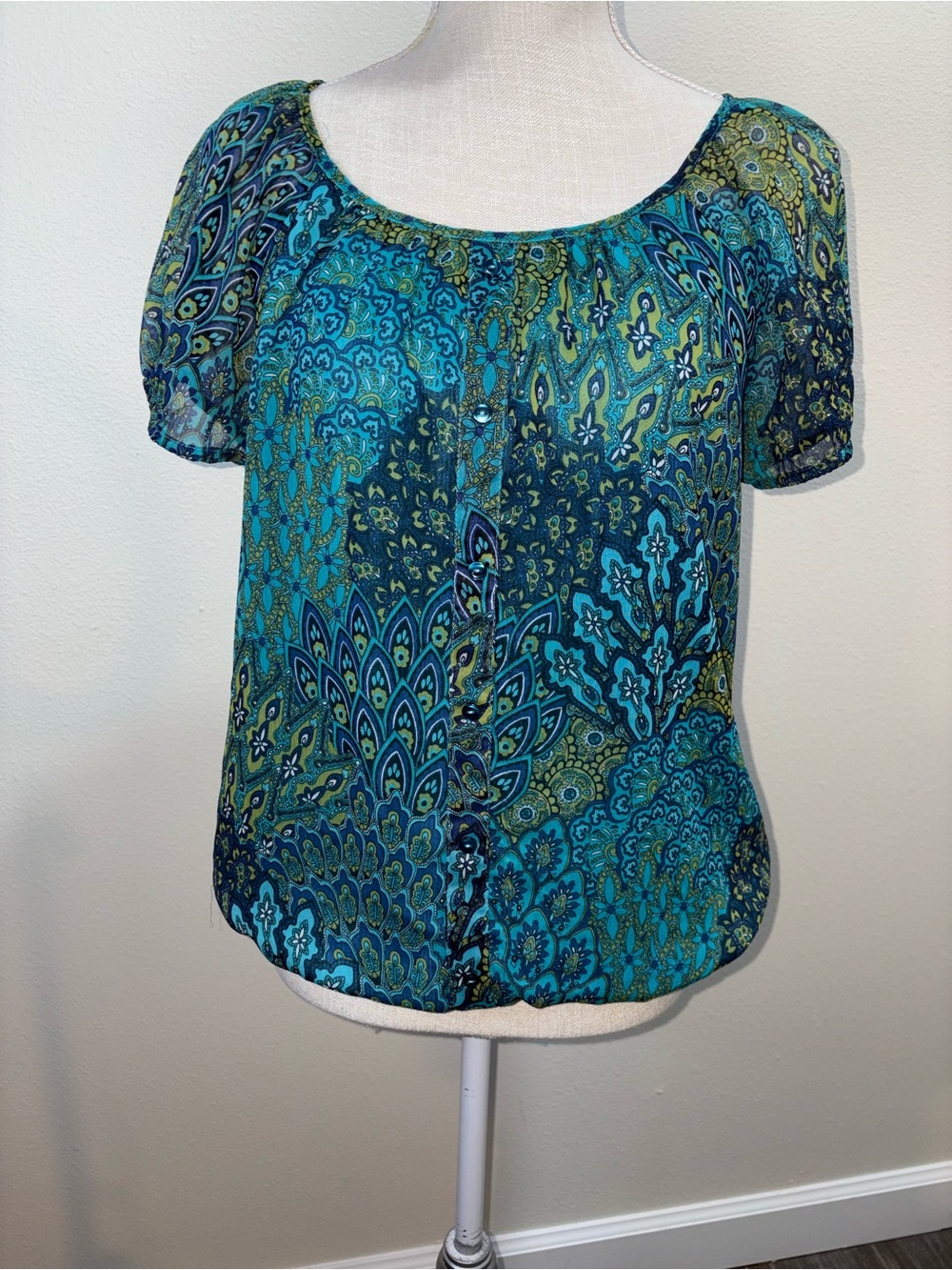 Apt. 9 Teal Navy and Green Peacock Short-Sleeve Blouse Scoop Neck Elastic Waist